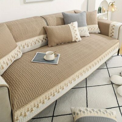 90-70cm Feather Embroidery Quilted Couch Cover Khaki